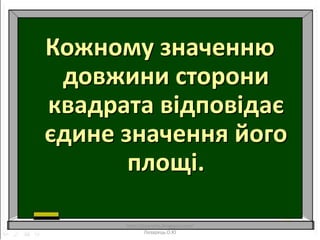 Кожному значенню
довжини сторони
квадрата відповідає
єдине значення його
площі.
http://lazareths.blogspot.com/
Лазарець.О.Ю
 