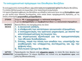 Το εκσυγχρονιστικό πρόγραμμα του Ελευθερίου Βενιζέλου
Οι εκσυγχρονιστές συσπειρώθηκαν γύρωαπότοπρόσωποτουκρητικού ηγέτη Ελευθερίου Βενιζέλου,
 ο οποίος εξελέγη χωρίς να συμμετέχει στην προεκλογική αναμέτρηση.
 Η πρώτη δημόσια εμφάνιση του Βενιζέλου ως ελλαδίτη πολιτικού έγινε στις 5 Σεπτεμβρίου 1910
με μία ομιλία στην πλατεία Συντάγματος, στην οποία έκανε προγραμματικές δηλώσεις, με τις
οποίες υποστήριξε μετριοπαθείς μεταρρυθμίσεις.
ΣΤΟΧΟΙ Στόχευε:  σε εκσυγχρονισμό του πολιτικού συστήματος,
 με την εξισορρόπηση των συμφερόντων όλων των κοινωνικών στρωμάτων.
ΒΑΣΙΚΕΣ
ΘΕΣΕΙΣ
Βασικές θέσεις του προγράμματος του ήταν:
1. η κοινωνική γαλήνη,
2. η ελάφρυνση των κατώτερων κοινωνικών στρωμάτων,
3. ο εκσυγχρονισμός του κρατικού μηχανισμού, με σκοπό την
αποτελεσματικότερη λειτουργία του,
4. και στρατιωτικοί εξοπλισμοί για την πραγματοποίηση
των εθνικών διεκδικήσεων.
5. Επίσης, παρά την πίεση των οπαδών του, υποστήριξε την
αναθεώρηση του υπάρχοντος συντάγματος και όχι την
ψήφιση νέου.
6. Πολιτειακό ζήτημα δεν έθεσε.
ΙΔΡΥΣΗ
ΚΟΜΜΑΤΟΣ
Προανήγγειλε την ίδρυση ενός κόμματος αρχών, το οποίο θα ήταν φορέας των
μεταρρυθμίσεων. Το κόμμα ιδρύθηκε και τυπικά στις 22 Αυγούστου 1910, από
μέλη της Εθνοσυνέλευσης.
 