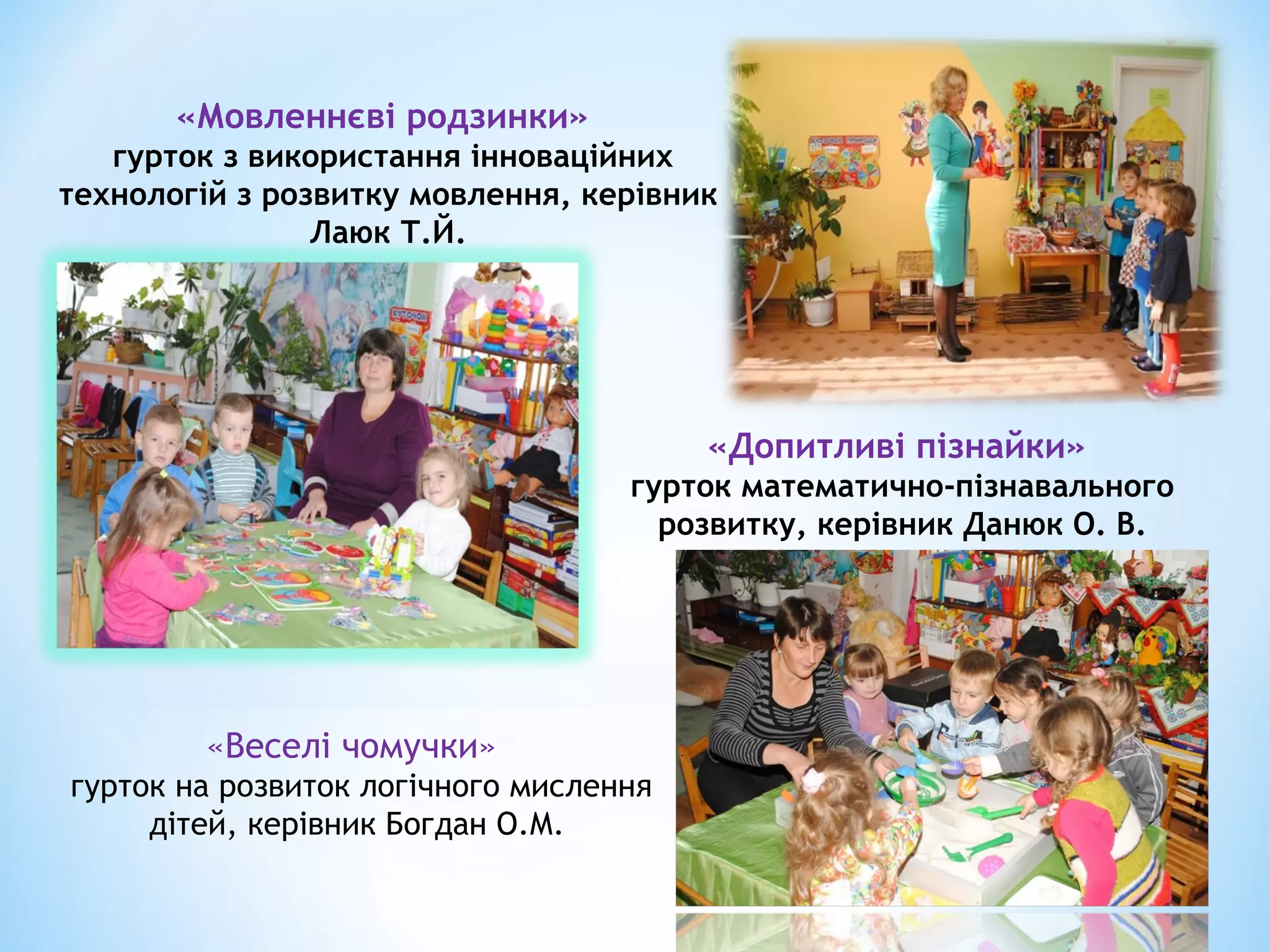 «Мовленнєві родзинки»
гурток з використання інноваційних
технологій з розвитку мовлення, керівник
Лаюк Т.Й.
«Допитливі пізнайки»
гурток математично-пізнавального
розвитку, керівник Данюк О. В.
«Веселі чомучки»
гурток на розвиток логічного мислення
дітей, керівник Богдан О.М.
 