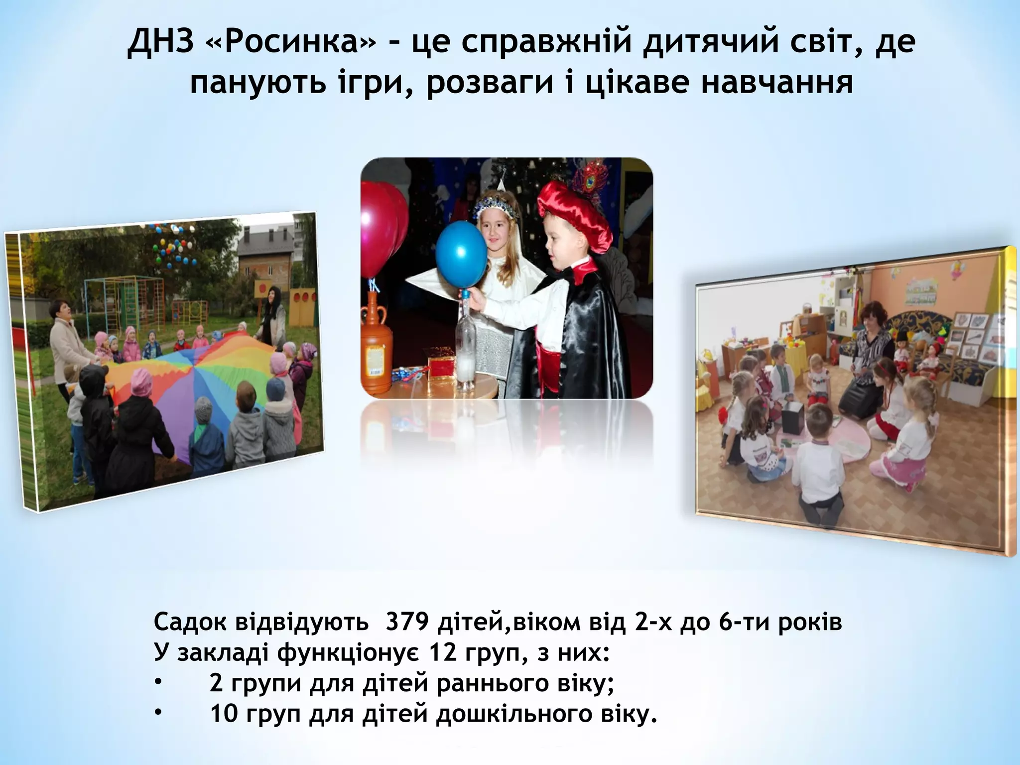 ДНЗ «Росинка» – це справжній дитячий світ, де
панують ігри, розваги і цікаве навчання
Садок відвідують 379 дітей,віком від 2-х до 6-ти років
У закладі функціонує 12 груп, з них:
• 2 групи для дітей раннього віку;
• 10 груп для дітей дошкільного віку.
 