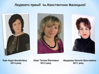 Лауреати премії ім.Констянтини Малицької
Яців Надія Михайлівна Лаюк Тетяна Йосипівна Федорова Наталія ЯрославівнаЯців Надія Михайлівна Лаюк Тетяна Йосипівна Федорова Наталія Ярославівна
2014 року 2013 року 2011 року2014 року 2013 року 2011 року
 