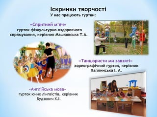 Іскринки творчості
У нас працюють гуртки:
«Спритний м’яч»
гурток фізкультурно-оздоровчого
спрямування, керівник Машковська Т.А.
«Танцюристи ми завзяті»
хореографічний гурток, керівник
Паплинська І. А.
«Англійська мова»
гурток юних лінгвістів, керівник
Будзович Х.І.
 