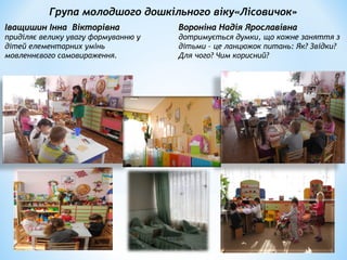 Група молодшого дошкільного віку«Лісовичок»
Іващишин Інна ВікторівнаІващишин Інна Вікторівна
приділяє велику увагу формуванню у
дітей елементарних умінь
мовленнєвого самовираження.
Вороніна Надія ЯрославівнаВороніна Надія Ярославівна
дотримується думки, що кожне заняття з
дітьми – це ланцюжок питань: Як? Звідки?
Для чого? Чим корисний?
 