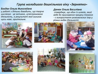 Група молодшого дошкільного віку «Зернятко»
Богдан Ольга Миколаївна
у роботі з дітьми доводить, що творче
мислення – це активна, цілеспрямована
діяльність, в результаті якої виникає
щось нове, оригінальне.
Данюк Ольга Василівна
стверджує, що один із шляхів, який
веде до прискорення процесу пізнання
– є використання розвивальних ігор у
різних видах діяльності.
 