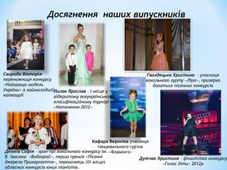 Досягнення наших випускників
Лилак Ярослав – І місце у
відкритому всеукраїнському
класифікаційному турнірі
«Натхнення-2012»
Дутчак Христина – фіналістка конкурсу
«Голос діти» 2012р
Свирида Вікторія
переможниця конкурсу
«Найкраща модель
України» в наймолодшій
категорії
Кафара Вероніка учасниця
танцювального гуртка
«Фламінго»
Гвоздецька Христина - учасниця
вокального гурту «Ліра», призерка
багатьох пісенних конкурсів
Демків Софія – гран-прі вокального конкурсу ім.
В. Івасюка «Водограй», перша премія «Пісенні
джерела Прикарпаття», переможець (ІІІ місце)
обласних конкурсів юних піаністів.
 