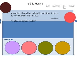BRUNO MUNARI
DIARY ILLUSTRATION BOOK
for
child
PRODUCT
An object should be judged by whether it has a
form consistent with its use.
Bruno Munari
"To play is a serious matter."
 