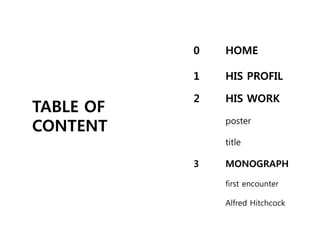 0 HOME
1 HIS PROFIL
2 HIS WORK
poster
title
3 MONOGRAPH
first encounter
Alfred Hitchcock
TABLE OF
CONTENT
 