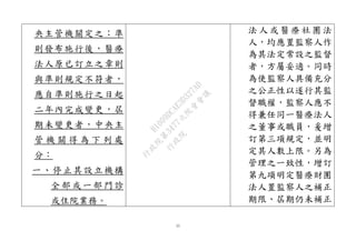 11
央主管機關定之；準
則發布施行後，醫療
法人原已訂立之章則
與準則規定不符者，
應自準則施行之日起
二年內完成變更，屆
期未變更者，中央主
管 機 關 得 為 下 列 處
分：
一、停止其設立機構
全部或一部門診
或住院業務。
法 人或 醫療 社團 法
人，均應置監察人作
為其法定常設之監督
者，方屬妥適。同時
為使監察人具備充分
之公正性以遂行其監
督職權，監察人應不
得兼任同一醫療法人
之董事或職員，爰增
訂第三項規定，並明
定其人數上限。另為
管理之一致性，增訂
第九項明定醫療財團
法人置監察人之補正
期限、屆期仍未補正
行
政
院
行
政
院
第
3477次
院
會
會
議
B1009DCAE3D327AD
 