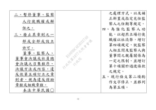12
二、暫停董事、監察
人行使職權或解
任之。
三、廢止其章則之一
部或全部或設立
許可。
董事、監察人、
董事會決議或社員總
會決議之召集程序、
決議方法或內容，違
反依第五項訂立之章
則者，視為違反捐助
章程或組織章程。
本法中華民國○
之處理方式，以及補
正新置或指定充任監
察人之任期等規定。
四、 為 強 化 監 察 人 功
能，以超然立場行使
職權以杜流弊，增訂
第四項規定，就監察
人相互間及監察人與
董事間之親屬關係為
一定之限制，並增訂
第十項關於過渡條款
之規定。
五、 現行條文第二項酌
作文字修正，並移列
為第五項。
行
政
院
行
政
院
第
3477次
院
會
會
議
B1009DCAE3D327AD
 