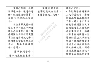 29
董事之任期，每屆
不得逾四年，連選得連
任。但連選連任董事，
每屆不得超過三分之
二。
本法中華民國一百
零二年十一月二十六日
修正之條文施行前，醫
療財團法人章程所定董
事任期逾前項規定者，
得續任至當屆任期屆滿
日止；其屬出缺補任
者，亦同。
董事會開會時，
董事均應親自出席，
董事會開會時，
董事均應親自出席，
不得委託他人代理。
條款之規定。
二、 為彰顯醫療財團法
人之公益性質，爰增
訂第二項第二款與第
三款，將社會公正人
士及醫療財團法人下
設機構之員工代表納
為董事會成員，以擴
大社會與機構員工對
醫療財團法人事務之
參與，俾利活絡董事
會成員之組成並強化
法人治理效能。同時
為因應性別主流化，
增訂第六款規定董事
行
政
院
行
政
院
第
3477次
院
會
會
議
B1009DCAE3D327AD
 