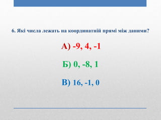 6. Які числа лежать на координатній прямі між даними?
А) -9, 4, -1
Б) 0, -8, 1
В) 16, -1, 0
 