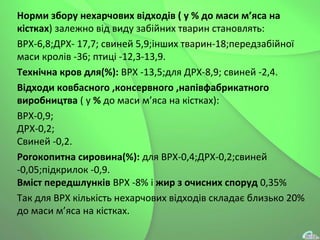 Норми збору нехарчових відходів ( у % до маси м’яса на
кістках) залежно від виду забійних тварин становлять:
ВРХ-6,8;ДРХ- 17,7; свиней 5,9;інших тварин-18;передзабійної
маси кролів -36; птиці -12,3-13,9.
Технічна кров для(%): ВРХ -13,5;для ДРХ-8,9; свиней -2,4.
Відходи ковбасного ,консервного ,напівфабрикатного
виробництва ( у % до маси м’яса на кістках):
ВРХ-0,9;
ДРХ-0,2;
Свиней -0,2.
Рогокопитна сировина(%): для ВРХ-0,4;ДРХ-0,2;свиней
-0,05;підкрилок -0,9.
Вміст передшлунків ВРХ -8% і жир з очисних споруд 0,35%
Так для ВРХ кількість нехарчових відходів складає близько 20%
до маси м’яса на кістках.
 