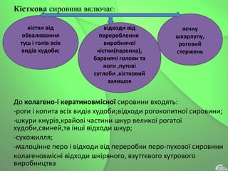 Кісткова сировина включає:
До колагено-і кератиновмісної сировини входять:
-роги і копита всіх видів худоби;відходи рогокопитної сировини;
-шкури кнурів,крайові частини шкур великої рогатої
худоби,свиней,та інші відходи шкур;
-сухожилля;
-малоцінне перо і відходи від переробки перо-пухової сировини
колагеновмісні відходи шкіряного, взуттєвого хутрового
виробництва
кістки від
обвалювання
туш і голів всіх
видів худоби;
відходи від
перероблення
виробничої
кістки(паренка),
баранячі голови та
ноги ,путові
суглоби ,кістковий
залишок
яєчну
шкарлупу,
роговий
стержень
 