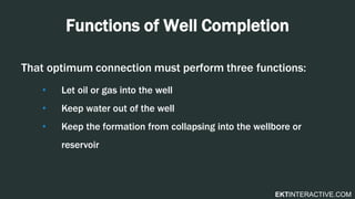 EKTINTERACTIVE.COM
Functions of Well Completion
That optimum connection must perform three functions:
• Let oil or gas into the well
• Keep water out of the well
• Keep the formation from collapsing into the wellbore or
reservoir
 
