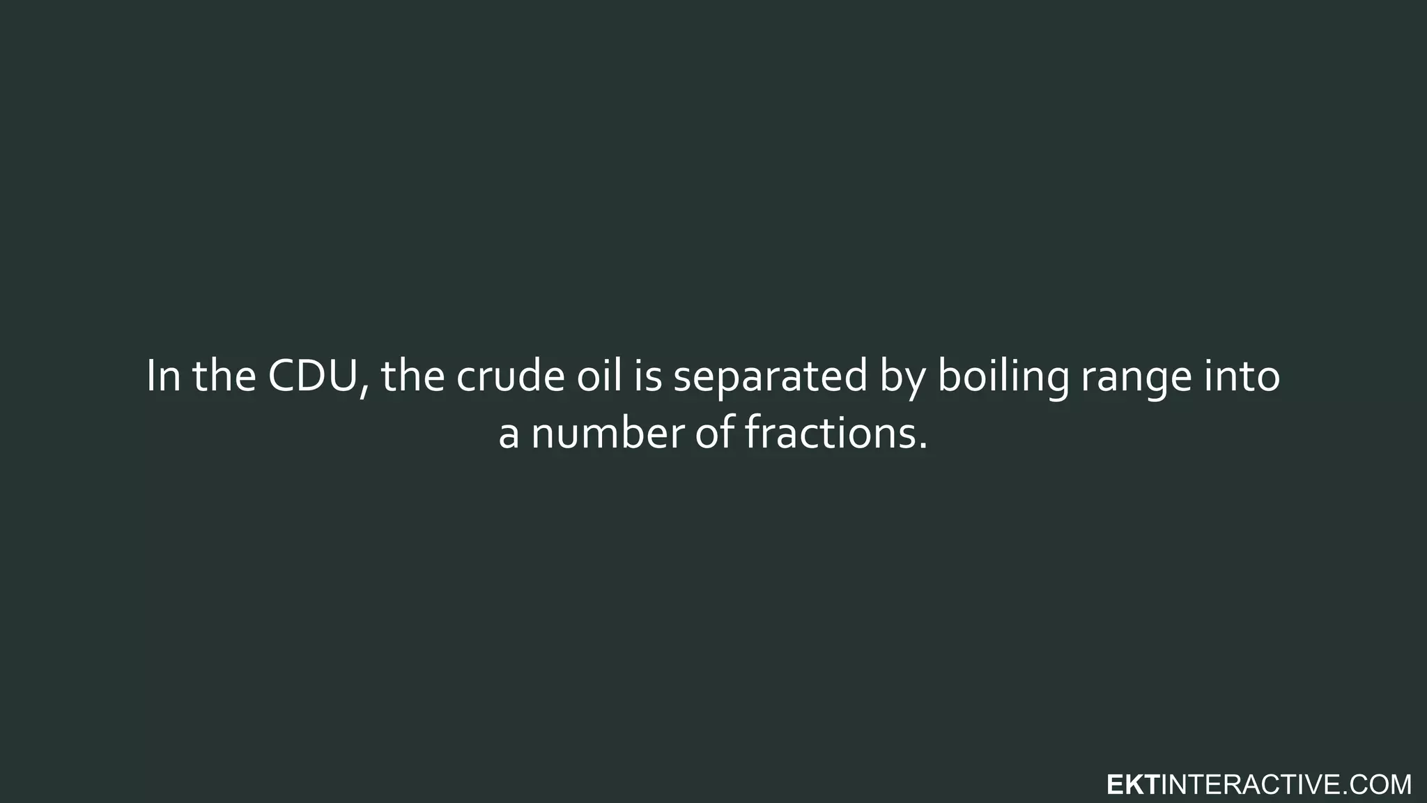EKTINTERACTIVE.COM
In the CDU, the crude oil is separated by boiling range into
a number of fractions.
 