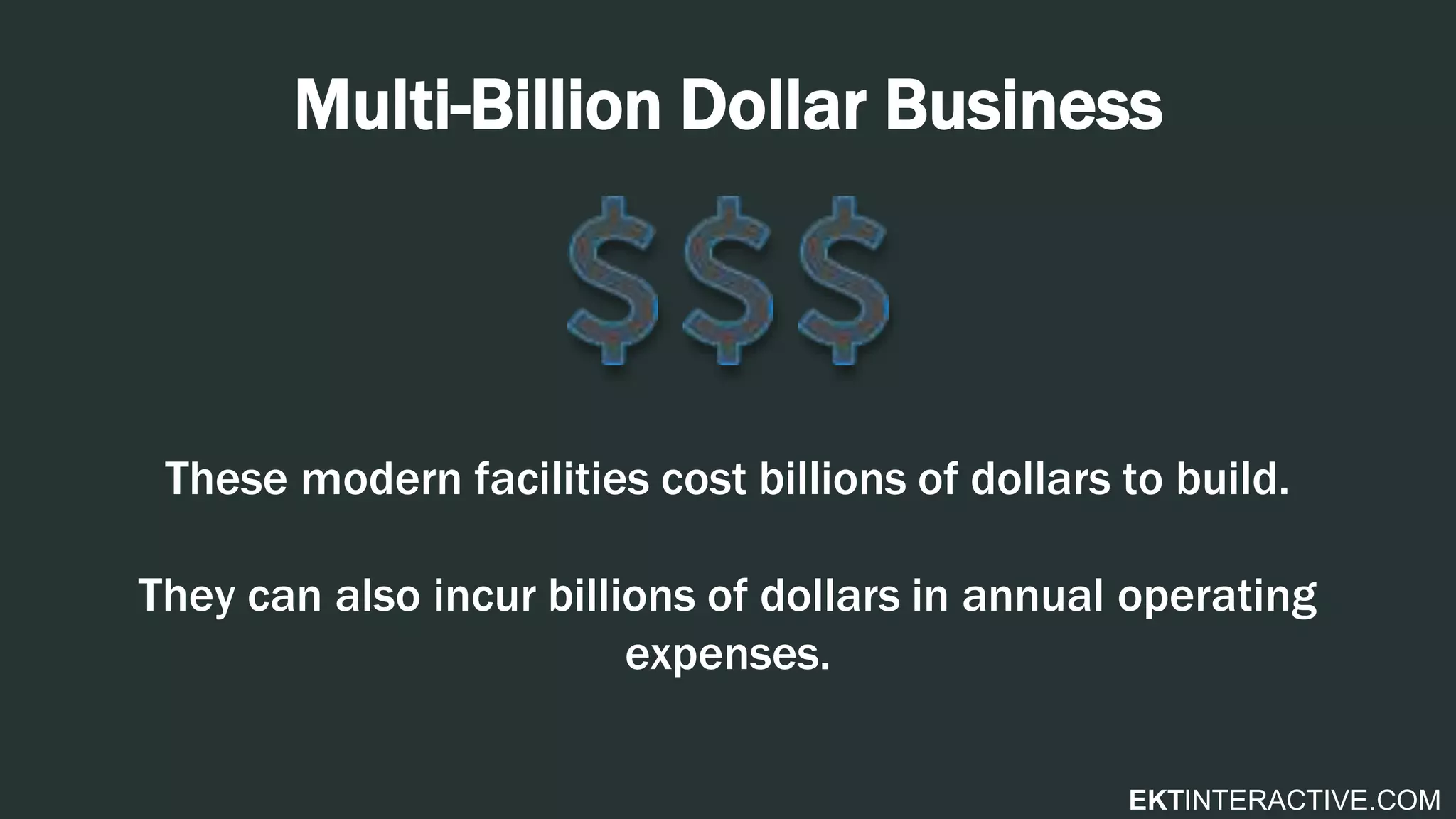 EKTINTERACTIVE.COM
Multi-Billion Dollar Business
These modern facilities cost billions of dollars to build.
They can also incur billions of dollars in annual operating
expenses.
 
