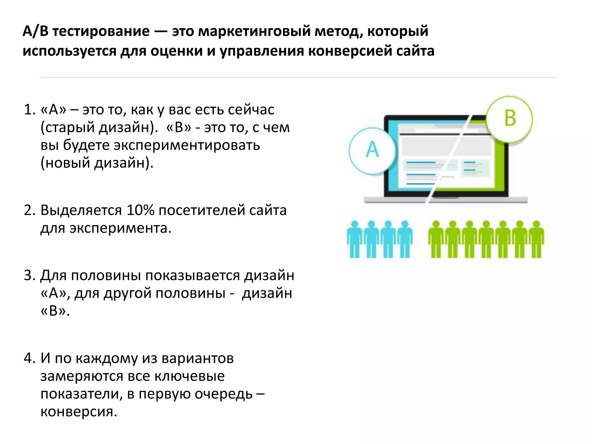 1. «А» – это то, как у вас есть сейчас
(старый дизайн). «B» - это то, с чем
вы будете экспериментировать
(новый дизайн).
2. Выделяется 10% посетителей сайта
для эксперимента.
3. Для половины показывается дизайн
«А», для другой половины - дизайн
«B».
4. И по каждому из вариантов
замеряются все ключевые
показатели, в первую очередь –
конверсия.
A/B тестирование — это маркетинговый метод, который
используется для оценки и управления конверсией сайта
 