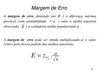 A margem de erro, denotado por E é a diferença máxima
provável (com probabilidade 1- ) entre a média amostral
observada e a verdadeira média populacional  .X
A margem de erro pode ser obtida multiplicando-se o valor
crítico pelo desvio padrão das médias amostrais,
n
.zE 2


Margem de Erro
15
 