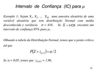 Intervalo de Confiança (IC) para 
Exemplo 1: Sejam X1, X2, ... X40 uma amostra aleatória de uma
variável aleatória que tem distribuição Normal com média
desconhecida e variância  = 410. Se encontre um
intervalo de confiança 95% para ..
1428X
Olhando a tabela da Distribuição Normal, temos que o ponto crítico,
tal que
Se  = 0,05, temos que z0,025 = 1,96.
  2/2/   zZP
19
 