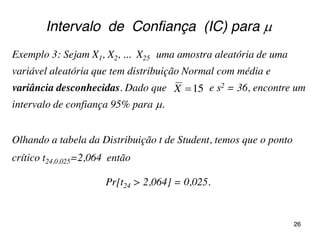 Intervalo de Confiança (IC) para 
Exemplo 3: Sejam X1, X2, ... X25 uma amostra aleatória de uma
variável aleatória que tem distribuição Normal com média e
variância desconhecidas. Dado que e s2 = 36, encontre um
intervalo de confiança 95% para .
15X
Olhando a tabela da Distribuição t de Student, temos que o ponto
crítico t24,0,025=2,064 então
Pr[t24 > 2,064] = 0,025.
26
 
