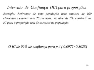 Exemplo: Retiramos de uma população uma amostra de 100
elementos e encontramos 20 sucessos. Ao nível de 1%, construir um
IC para a proporção real de sucessos na população.
Intervalo de Confiança (IC) para proporções
29
O IC de 99% de confiança para p é [ 0,0972; 0,3028]
p(o) - z(∝/2)*σ(p) =
= 0,01 - 2,58*?? =
=
p(o) + z(∝/2)*σ(p) =
= 0,01 + 2,58*?? =
=
 
