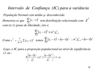 População Normal com média  desconhecida.
    









 


1
11
2
1
2
2
2
2
2
snsn
P
Logo, o IC para a proporção populacional ao nível de significância
(1-) :
Intervalo de Confiança (IC) para a variância
  2
1
2
1
2


 n
n
i
i xx 
Demostra-se que tem distribuição relacionada com
com (n-1) graus de liberdade, isto é,
 

n
i
i xx
1
2 2

Como temos  

 22
1
1
xx
n
s i
    2
1
2
1 snxx
n
i
i 
  22
1
2
1 snn  
32
 