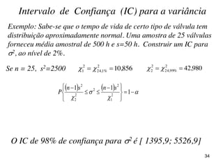 Exemplo: Sabe-se que o tempo de vida de certo tipo de válvula tem
distribuição aproximadamente normal. Uma amostra de 25 válvulas
forneceu média amostral de 500 h e s=50 h. Construir um IC para
2, ao nível de 2%.
Intervalo de Confiança (IC) para a variância
Se n = 25, s2=2500 856,102
%1,24
2
1   980,422
%99,24
2
2  
    









 


1
11
2
1
2
2
2
2
2
snsn
P
34
O IC de 98% de confiança para 2 é [ 1395,9; 5526,9]
(n-1)*s²/x2² =
= (25-1)*2500/42,980 =
= 1.396
(n-1)*s²/x1² =
= (25-1)*2500/10,856 =
= 5.526,90
 