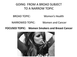 FOCUSED TOPIC: Women Smokers and Breast Cancer
GOING FROM A BROAD SUBJECT
TO A NARROW TOPIC
BROAD TOPIC: Women’s Health
NARROWED TOPIC: Women and Cancer
 