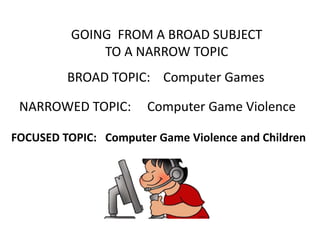 FOCUSED TOPIC: Computer Game Violence and Children
GOING FROM A BROAD SUBJECT
TO A NARROW TOPIC
BROAD TOPIC: Computer Games
NARROWED TOPIC: Computer Game Violence
 