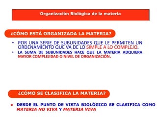 • POR UNA SERIE DE SUBUNIDADES QUE LE PERMITEN UN
ORDENAMIENTO QUE VA DE LO SIMPLE A LO COMPLEJO.
• LA SUMA DE SUBUNIDADES HACE QUE LA MATERIA ADQUIERA
MAYOR COMPLEJIDAD O NIVEL DE ORGANIZACIÓN.
¿CÓMO ESTÁ ORGANIZADA LA MATERIA?
¿CÓMO SE CLASIFICA LA MATERIA?
DESDE EL PUNTO DE VISTA BIOLÓGICO SE CLASIFICA COMO
MATERIA NO VIVA Y MATERIA VIVA
Organización Biológica de la materia
 