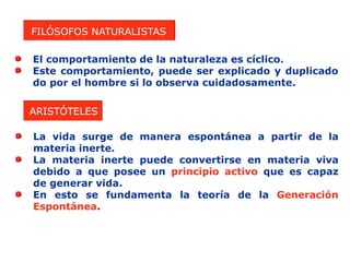FILÓSOFOS NATURALISTAS
El comportamiento de la naturaleza es cíclico.
Este comportamiento, puede ser explicado y duplicado
do por el hombre si lo observa cuidadosamente.
ARISTÓTELES
La vida surge de manera espontánea a partir de la
materia inerte.
La materia inerte puede convertirse en materia viva
debido a que posee un principio activo que es capaz
de generar vida.
En esto se fundamenta la teoría de la Generación
Espontánea.
 