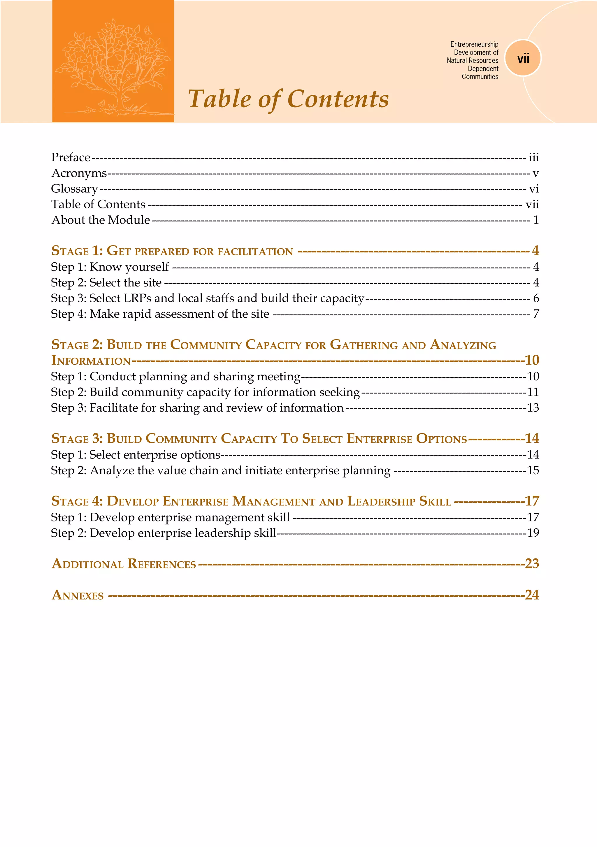Entrepreneurship
Development of
Natural Resources
Dependent
Communities
vii
Preface------------------------------------------------------------------------------------------------------------- iii
Acronyms---------------------------------------------------------------------------------------------------------- v
Glossary----------------------------------------------------------------------------------------------------------- vi
Table of Contents---------------------------------------------------------------------------------------------- vii
About the Module----------------------------------------------------------------------------------------------- 1
Stage 1: Get prepared for facilitation-------------------------------------------------- 4
Step 1: Know yourself------------------------------------------------------------------------------------------ 4
Step 2: Select the site-------------------------------------------------------------------------------------------- 4
Step 3: Select LRPs and local staffs and build their capacity------------------------------------------ 6
Step 4: Make rapid assessment of the site----------------------------------------------------------------- 7
Stage 2: Build the Community Capacity for Gathering and Analyzing
Information------------------------------------------------------------------------------------10
Step 1: Conduct planning and sharing meeting---------------------------------------------------------10
Step 2: Build community capacity for information seeking------------------------------------------11
Step 3: Facilitate for sharing and review of information----------------------------------------------13
Stage 3: Build Community Capacity To Select Enterprise Options-------------14
Step 1: Select enterprise options----------------------------------------------------------------------------14
Step 2: Analyze the value chain and initiate enterprise planning----------------------------------15
Stage 4: Develop Enterprise Management and Leadership Skill----------------17
Step 1: Develop enterprise management skill-----------------------------------------------------------17
Step 2: Develop enterprise leadership skill---------------------------------------------------------------19
Additional References----------------------------------------------------------------------23
Annexes-----------------------------------------------------------------------------------------24
Table of Contents
 