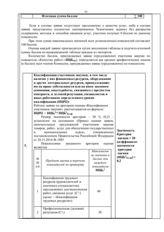 31
Итоговая сумма баллов ∑ 100
Если в составе заявки отсутствует предложение о качестве услуг, либо в составе
заявки представлено полностью скопированное Техническое задание без раскрытия
содержания, методов и способов оказания услуг, участник получает 0 баллов по данному
показателю.
При этом сумма максимальных значений всех установленных показателей составляет
100 баллов.
Оценка каждой заявки производится путем заполнения таблицы и подсчета итоговой
суммы баллов по вышеуказанной таблице каждым из экспертов.
Количество баллов, присуждаемых заявке (предложению) участника закупки по
показателю «Качество работ» (НЦБiQ), определяется как среднее арифметическое оценок
(в баллах) всех членов Комиссии, присуждаемых заявке (предложению) по показателю.
3.
Квалификация участников закупки, в том числе
наличие у них финансовых ресурсов, оборудования
и других материальных ресурсов, принадлежащих
им на праве собственности или на ином законном
основании, опыта работы, связанного с предметом
контракта, и деловой репутации, специалистов и
иных работников определенного уровня
квалификации (НЦРi2):
Рейтинг заявки по критерию оценки «Квалификация
участников закупки» рассчитывается по формуле:
НЦРi2 = НЦБi
2* НЦБ2
Коэф
Размер значимости критерия – 20 % (0,2) –
установлен на основании «Правил оценки заявок,
окончательных предложений участников закупки
товаров, работ, услуг для обеспечения государственных
и муниципальных нужд», утвержденных
постановлением Правительства Российской Федерации
от 28.11.2014 № 1085
Показателями указанного критерия оценки
являются:
№
№
п/п
Предмет оценки и перечень
показателей по критерию
Максимальн
ое значение в
баллах для
каждого
показателя
НЦБi
2
1
Квалификация трудовых
ресурсов (руководителей и
ключевых специалистов),
предлагаемых для выполнения
работ, оказания услуг (Ci
1)
(далее – «Квалификация
трудовых ресурсов»)
40
2
Профессиональная (деловая)
репутация (Ci
2) 30
Значимость
Критерия
оценки = 20
коэффициент
значимости
критерия
оценки
(НЦБ2
Коэф) =
0,2
 