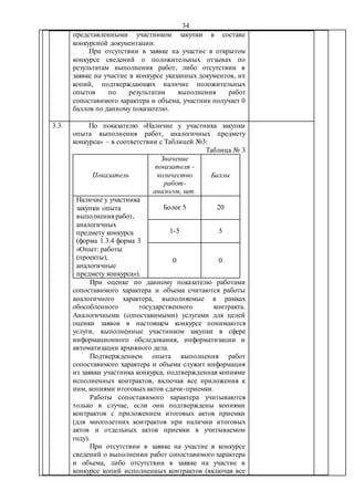 34
представленными участником закупки в составе
конкурсной документации.
При отсутствии в заявке на участие в открытом
конкурсе сведений о положительных отзывах по
результатам выполнения работ, либо отсутствии в
заявке на участие в конкурсе указанных документов, их
копий, подтверждающих наличие положительных
опытов по результатам выполнения работ
сопоставимого характера и объема, участник получает 0
баллов по данному показателю.
3.3. По показателю «Наличие у участника закупки
опыта выполнения работ, аналогичных предмету
конкурса» – в соответствии с Таблицей №3:
Таблица № 3
Показатель
Значение
показателя -
количество
работ-
аналогов, шт.
Баллы
Наличие у участника
закупки опыта
выполнения работ,
аналогичных
предмету конкурса
(форма 1.3.4 форма 3
«Опыт: работы
(проекты),
аналогичные
предмету конкурса»).
Более 5 20
1-5 5
0 0
При оценке по данному показателю работами
сопоставимого характера и объема считаются работы
аналогичного характера, выполняемые в рамках
обособленного государственного контракта.
Аналогичными (сопоставимыми) услугами для целей
оценки заявок в настоящем конкурсе понимаются
услуги, выполненные участником закупки в сфере
информационного обследования, информатизации и
автоматизации архивного дела.
Подтверждением опыта выполнения работ
сопоставимого характера и объема служит информация
из заявки участника конкурса, подтвержденная копиями
исполненных контрактов, включая все приложения к
ним, копиями итоговых актов сдачи-приемки.
Работы сопоставимого характера учитываются
только в случае, если они подтверждены копиями
контрактов с приложением итоговых актов приемки
(для многолетних контрактов при наличии итоговых
актов и отдельных актов приемки в учитываемом
году).
При отсутствии в заявке на участие в конкурсе
сведений о выполнении работ сопоставимого характера
и объема, либо отсутствии в заявке на участие в
конкурсе копий исполненных контрактов (включая все
 