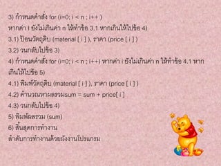 3) กำหนดคำสั่ง for (i=0; i < n ; i++ )
หำกค่ำ I ยังไม่เกินค่ำ n ให้ทำข้อ 3.1 หำกเกินให้ไปข้อ 4)
3.1) ป้ อนวัตถุดิบ (material [ i ] ), รำคำ (price [ i ] )
3.2) วนกลับไปข้อ 3)
4) กำหนดคำสั่ง for (i=0; i < n ; i++) หำกค่ำ i ยังไม่เกินค่ำ n ให้ทำข้อ 4.1 หำก
เกินให้ไปข้อ 5)
4.1) พิมพ์วัตถุดิบ (material [ i ] ), รำคำ (price [ i ] )
4.2) คำนวณหำผลรวมsum = sum + price[ i ]
4.3) วนกลับไปข้อ 4)
5) พิมพ์ผลรวม (sum)
6) สิ้นสุดกำรทำงำน
ลำดับกำรทำงำนด้วยผังงำนโปรแกรม
 
