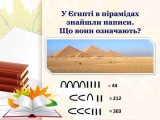 У Єгипті в пірамідах
знайшли написи.
Що вони означають?
= 44
= 212
= 303
 
