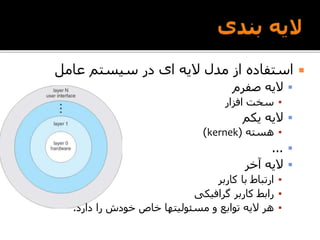 ‫عامل‬ ‫سیستم‬ ‫در‬ ‫ای‬ ‫الیه‬ ‫مدل‬ ‫از‬ ‫استفاده‬
‫صفرم‬ ‫الیه‬
▪‫افزار‬ ‫سخت‬
‫یکم‬ ‫الیه‬
▪‫هسته‬(kernek)
...
‫آخر‬ ‫الیه‬
▪‫کاربر‬ ‫با‬ ‫ارتباط‬
▪‫گرافیکی‬ ‫کاربر‬ ‫رابط‬
▪‫دارد‬ ‫را‬ ‫خودش‬ ‫خاص‬ ‫مسئولیتها‬ ‫و‬ ‫توابع‬ ‫الیه‬ ‫هر‬.
 