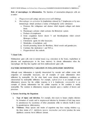 17
DAWN V TOMY M.Pharm.,Asst.Professor,Dept. ofPharmacology, ST.JOSEPH’S COLLEGEOFPHARMACY,CHERTHALA.
Role of macrophages in inflammation. The functions of mononuclear-phagocyte cells are
as under:
i. Phagocytosis (cell eating) and pinocytosis (cell drinking).
ii. Macrophages on activation by lymphokines released by T lymphocytes or by non-
immunologic stimuli produces a variety of biologically active substances:
a. Proteases like collagenase and elastase which degrade collagen and elastic
tissue.
b. Plasminogen activator which activates the fibrinolytic system.
c. Products of complement.
d. Some coagulation factors (factor V and thromboplastin) which convert
fibrinogen to fibrin.
e. Chemotactic agents for other leucocytes.
f. Metabolites of arachidonic acid.
g. Growth promoting factors for fibroblasts, blood vessels and granulocytes.
h. Cytokines like interleukin-1 and TNF-α.
i. Oxygen-derived free radicals.
7. Giant Cells.
Multinucleate giant cells exist in normal tissues (e.g. osteoclasts in the bones, trophoblasts in
placenta and megakaryocytes in the bone marrow). In chronic inflammation when the
macrophages fail they fuse together and form multinucleated giant cells.
FACTORS DETERMINING VARIATION IN INFLAMMATORY RESPONSE
Although acute inflammation is typically characterised by vascular and cellular events with
emigration of neutrophilic leucocytes, not all examples of acute inflammation show
infiltration by neutrophils. On the other hand, some chronic inflammatory conditions are
characterised by neutrophilic infiltration. For example, typhoid fever is an example of acute
inflammatory process but the cellular response in it is lymphocytic; osteomyelitis is an
example of chronic inflammation but the cellular response in this condition is mainly
neutrophilic. The variation in inflammatory response depends upon a number of factors and
processes.
1. Factors Involving the Organisms
i. Type of injury and infection. For example, skin reacts to herpes simplex infection
by formation of vesicle and to streptococcal infection by formation of boil; lung reacts
to pneumococci by occurrence of lobar pneumonia while to tubercle bacilli it reacts
by granulomatous inflammation.
ii. Virulence. Many species and strains of organisms may have varying virulence e.g.
the three strains of C. diphtheria (gravis, intermedius and mitis) produce the same
diphtheria exotoxin but in different amount.
 