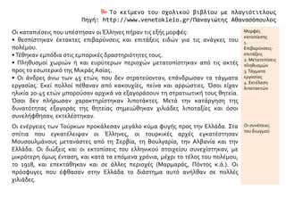  Το κείμενο του σχολικού βιβλίου με πλαγιότιτλους
Πηγή: http://www.venetokleio.gr/Παναγιώτης Αθανασόπουλος
Οι καταπιέσεις που υπέστησαν οιΈλληνες πήραν τις εξής μορφές:
• θεσπίστηκαν έκτακτες επιβαρύνσεις και επιτάξεις ειδών για τις ανάγκες του
πολέμου.
•Τέθηκαν εμπόδια στις εμπορικές δραστηριότητες τους.
• Πληθυσμοί χωριών ή και ευρύτερων περιοχών μετατοπίστηκαν από τις ακτές
προς το εσωτερικό της Μικράς Ασίας.
• Οι άνδρες άνω των 45 ετών, που δεν στρατεύονταν, επάνδρωσαν τα τάγματα
εργασίας. Εκεί πολλοί πέθαναν από κακουχίες, πείνα και αρρώστιες. Όσοι είχαν
ηλικία 20-45 ετών μπορούσαν αρχικά να εξαγοράσουν τη στρατιωτική τους θητεία.
Όσοι δεν πλήρωσαν χαρακτηρίστηκαν λιποτάκτες. Μετά την κατάργηση της
δυνατότητας εξαγοράς της θητείας σημειώθηκαν χιλιάδες λιποταξίες και όσοι
συνελήφθησαν, εκτελέστηκαν.
Μορφές
καταπίεσης
1.
Επιβαρύνσεις-
επιτάξεις
2. Μετατοπίσεις
πληθυσμών
3.Τάγματα
εργασίας
4. Εκτέλεση
λιποτακτών
Οι ενέργειες των Τούρκων προκάλεσαν μεγάλο κύμα φυγής προς την Ελλάδα. Στα
σπίτια που εγκατέλειψαν οι Έλληνες, οι τουρκικές αρχές εγκατέστησαν
Μουσουλμάνους μετανάστες από τη Σερβία, τη Βουλγαρία, την Αλβανία και την
Ελλάδα. Οι διώξεις και οι εκτοπίσεις του ελληνικού στοιχείου συνεχίστηκαν, με
μικρότερη όμως ένταση, και κατά τα επόμενα χρόνια, μέχρι το τέλος του πολέμου,
το 1918, και επεκτάθηκαν και σε άλλες περιοχές (Μαρμαράς, Πόντος κ.ά.). Οι
πρόσφυγες που έφθασαν στην Ελλάδα το διάστημα αυτό ανήλθαν σε πολλές
χιλιάδες.
Οι συνέπειες
του διωγμού
 