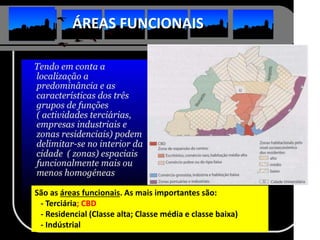 São as áreas funcionais. As mais importantes são:
- Terciária; CBD
- Residencial (Classe alta; Classe média e classe baixa)
- Indústrial
ÁREAS FUNCIONAIS
 