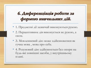 6. Диференціація роботи за6. Диференціація роботи за
формою навчальних дій.формою навчальних дій.
• 1. Предметні дії зазвичай виконуються рукою.
• 2. Перцептивное дія виконується не рукою, а
оком.
• З. Мовленнєвий дію може здійснюватися як
гучна мова , мова про себе.
• 4. Розумовий дію здійснюється без опори на
будь-які зовнішні засоби, у внутрішньому
плані.
 