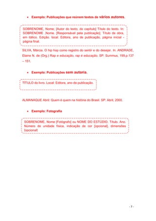 - 7 -
 Exemplo: Publicações que reúnem textos de vários autores.
SILVA, Márcia. O hip hop como registro do sentir e do desejar. In: ANDRADE,
Elaine N. de (Org.) Rap e educação, rap é educação. SP: Summus, 199,p.137
– 151.
 Exemplo: Publicações sem autoria.
ALMANAQUE Abril: Quem é quem na história do Brasil. SP: Abril, 2000.
 Exemplo: Fotografia
SOBRENOME, Nome [Fotógrafo] ou NOME DO ESTÚDIO. Título. Ano.
Número de unidade física, indicação de cor [opcional], dimensões
[opcional]
SOBRENOME, Nome; [Autor do texto, do capítulo] Título do texto. In:
SOBRENOME ,Nome. [Responsável pela publicação]. Título da obra,
em itálico. Edição. local: Editora, ano de publicação, página inicial -
página final.
TÍTULO do livro. Local: Editora, ano de publicação.
 