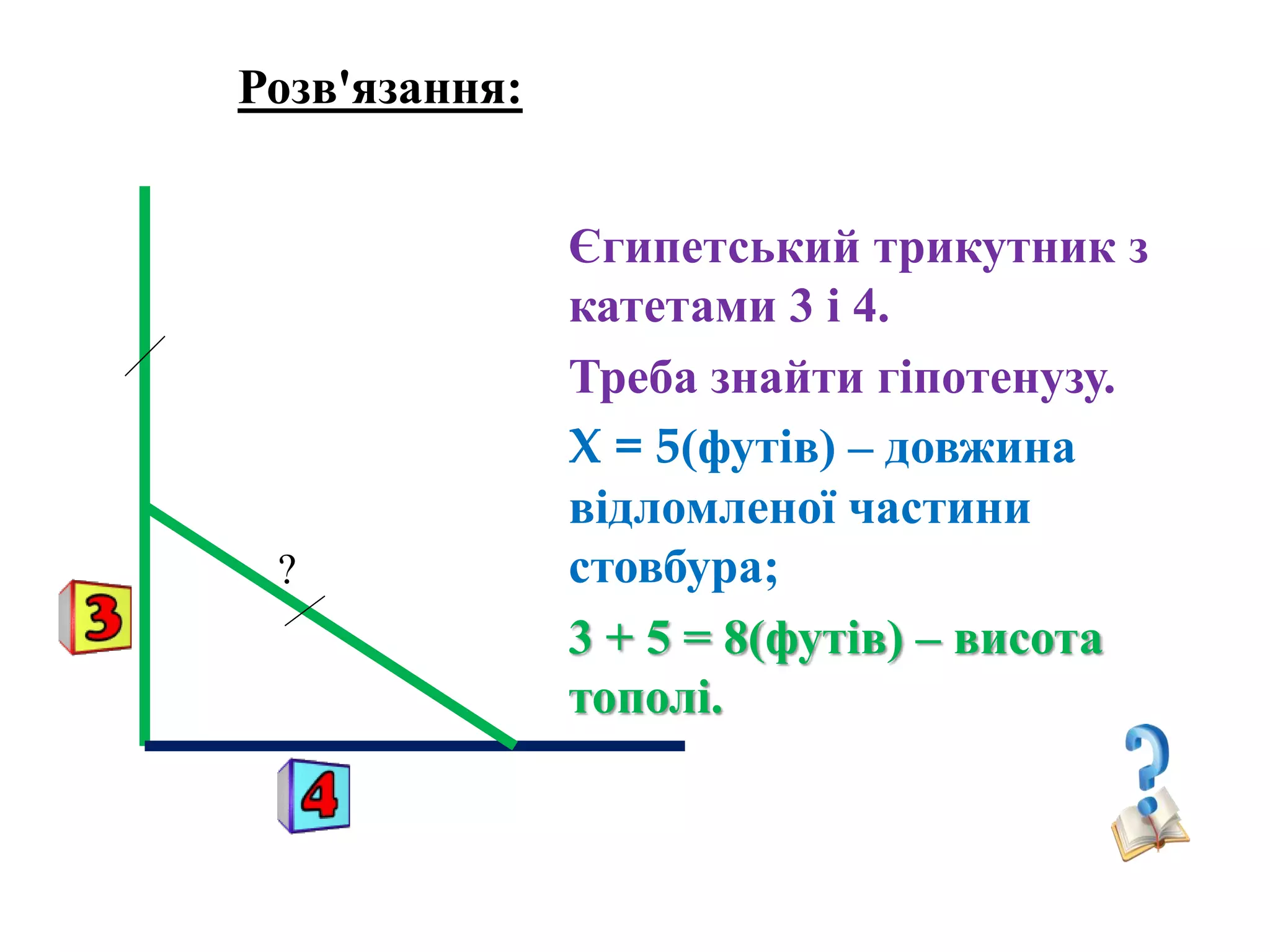 Розв'язання:
4
3
?
Єгипетський трикутник з
катетами 3 і 4.
Треба знайти гіпотенузу.
X = 5(футів) – довжина
відломленої частини
стовбура;
3 + 5 = 8(футів) – висота
тополі.
 