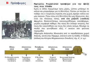 Πρόσφυγες Μαρτυρίες Μικρασιατών προσφύγων για την άφιξή
τους στην Ελλάδα
Εμείς οι άλλοι περιμέναμε τρεις μέρες, ώσπου μπήκαμε σε
καΐκια και μπαρκάραμε για τη Μυτιλήνη. Ώσπου να πατήσει το
ποδάρι του ο τούρκικος στρατός στο χωριό, άραζαν καΐκια και
μας παίρναν. Πίσω-πίσω στη Μυτιλήνη δεν μας δέχουνταν. Δεν
είναι και πλούσιος τόπος. από ένα μαξούλι [=σοδειά]
περιμένει. Βασανιστήκαμε, κακοκοιμηθήκαμε, κακοφάγαμε,
μεγάλη συμφορά πάθαμε. Και ποιος δεν έκλαψε νεκρούς; Και
ποιος δεν κακοπάθησε και ποιος δεν κλαίει ακόμα; Μονάχα τα
παιδιά που γεννήθηκαν εδώ, τ’ ακούνε σαν ψεύτικα
παραμύθια.
(Μαρτυρία Απόστολου Μυκονιάτη από το παραθαλάσσιο χωριό
Ατζανός, κοντά στην Πέργαμο, απέναντι από τη Λέσβο). Η Έξοδος
(έκδοση του Κέντρου Μικρασιατικών Σπουδών), τόμ. Α΄, σ. 142.
 