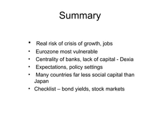 Summary Real risk of crisis of growth, jobs Eurozone most vulnerable Centrality of banks, lack of capital - Dexia Expectations, policy settings Many countries far less social capital than Japan Checklist – bond yields, stock markets