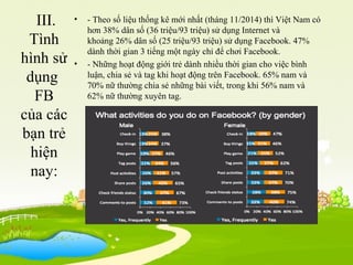 III.
Tình
hình sử
dụng
FB
của các
bạn trẻ
hiện
nay:
• - Theo số liệu thống kê mới nhất (tháng 11/2014) thì Việt Nam có
hơn 38% dân số (36 triệu/93 triệu) sử dụng Internet và
khoảng 26% dân số (25 triệu/93 triệu) sử dụng Facebook. 47%
dành thời gian 3 tiếng một ngày chỉ để chơi Facebook.
• - Những hoạt động giới trẻ dành nhiều thời gian cho việc bình
luận, chia sẻ và tag khi hoạt động trên Facebook. 65% nam và
70% nữ thường chia sẻ những bài viết, trong khi 56% nam và
62% nữ thường xuyên tag.
 