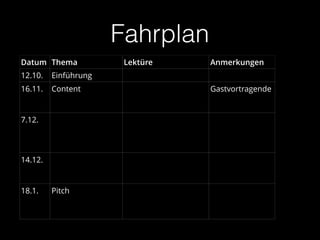Fahrplan
Datum Thema Lektüre Anmerkungen
12.10. Einführung
16.11. Content Gastvortragende
7.12.
14.12.
18.1. Pitch
 
