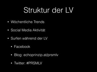 Struktur der LV
• Wöchentliche Trends
• Social Media Aktivität
• Surfen während der LV
• Facebook
• Blog: echoprinzip.at/prsmlv
• Twitter: #PRSMLV
 