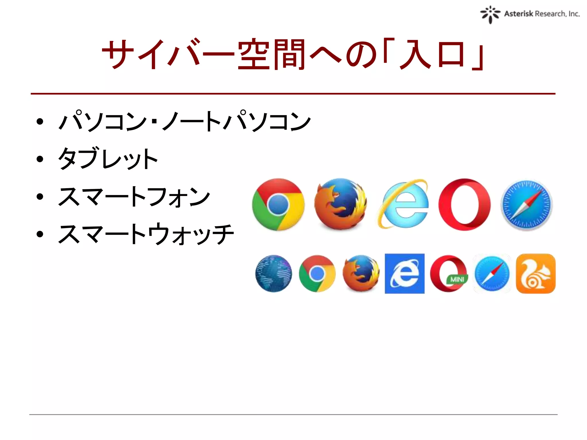 サイバー空間への「入口」
• パソコン・ノートパソコン
• タブレット
• スマートフォン
• スマートウォッチ
 