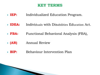  IEP: Individualized Education Program.
 IDEA: Individuals with Disabilities Education Act.
 FBA: Functional Behavioral Analysis (FBA),
 (AR) Annual Review
 BIP: Behaviour Intervention Plan
 